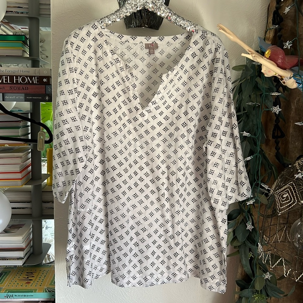J. Jill cute white / black linen tunic top, Sz. 3X, Plus